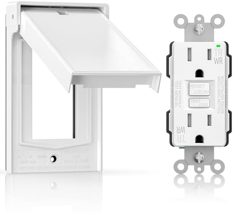 ELEGRP Outdoor GFCI Outlet with Cover, Weather Resistant GFCI Receptacle and Wall Plate, 15 Amp Self-Test GFI Electrical Outlet, Thinner Design Ground Fault Receptacle, UL Listed, Matte White, 1 Pack