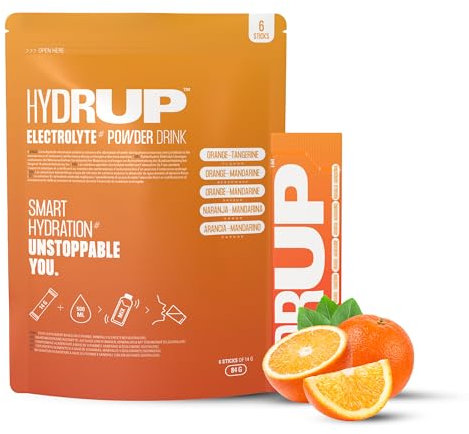 HYDRUP - Elektrolytgetränk ohne Zucker in Pulver 1733 mg - Sofortige Hydration & Energie mit Vitaminen B und C - Orangengeschmack - 6 Sticks je 14 g - Gluten- & Laktosefrei