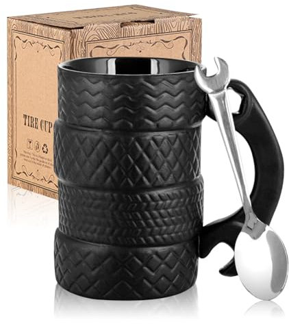 Taza con cuchara, 500 ml, taza de café grande, asa 3D, regalo para hombres, regalos artesanos, taza de cerámica para el hogar, regalo para conductores, mecánicos