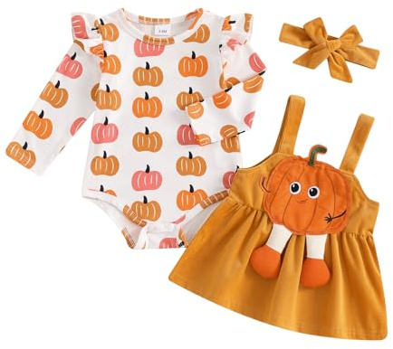 Loalirando Halloween Vestito Neonata 3Pz Completo Bambina Stampa Zucca Pagliaccetto con Manica Volante+ Gonna Bretella Zucca Ricamo Tuta di Halloween Bimba+Fascia (Arancione, 3-6 Months)