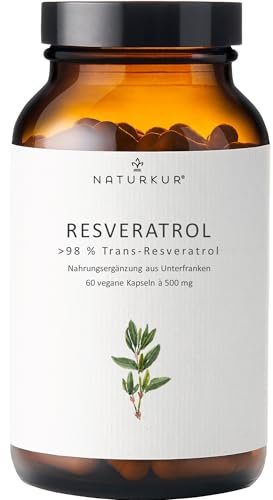 Naturkur® Resveratrol 500mg - 60 Kapseln im Apothekerglas - Trans-, vegan, ohne Zusatzstoffe, in Handarbeit hergestellt in Unterfranken