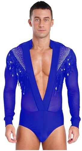 Yhong Herren Bodysuit Langarm Tanz-Body Latein Mesh Hemdbody Overalls Männerbody mit Fransen Tango Rumba Party Tanzkleidung Tanzkostüm Blau XL