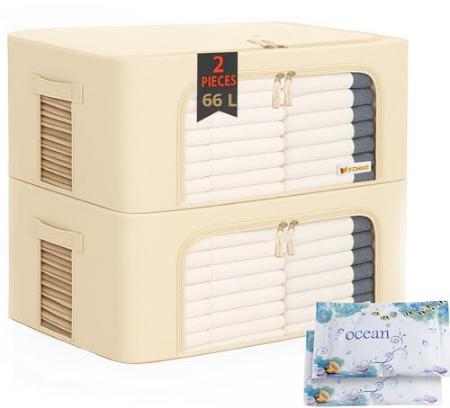 FENIXE_Contenitori Per Armadio Salvaspazio 66L, Beige - Scatole Portaoggetti Confezione da 2 - Organizer Armadio Con Finestre Trasparenti Impilabile, Pieghevole, Resistenti all’Acqua 2x66L Beige