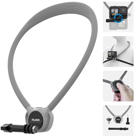 TELESIN Action Camera Neck Mount SE 2.0 med bröstrem, grå | Luftdämpad nackmontering med 90° rotation och bröstrem; passar GoPro, DJI Osmo Action, Insta360 och AKASO-kameror.