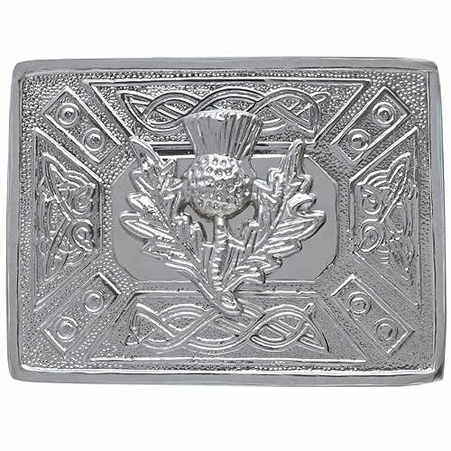 Hebilla de cinturón de falda escocesa de cardo escocés, diseño tradicional de nudos celtas en acabado plateado antiguo, accesorio clásico de ropa de las tierras altas para hombre, Acabado cromado,