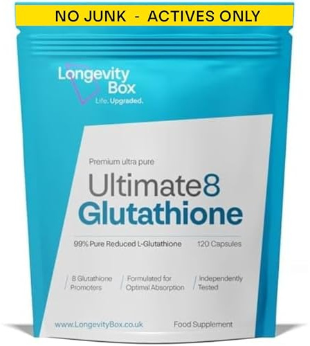Longevity Box Ultimate 8 Glutatione – 120 capsule – Complesso antiossidante avanzato con NAC, ALA, vitamina C, E, selenio, BioThistle e piperina – Disintossicazione, immunità e invecchiamento sano