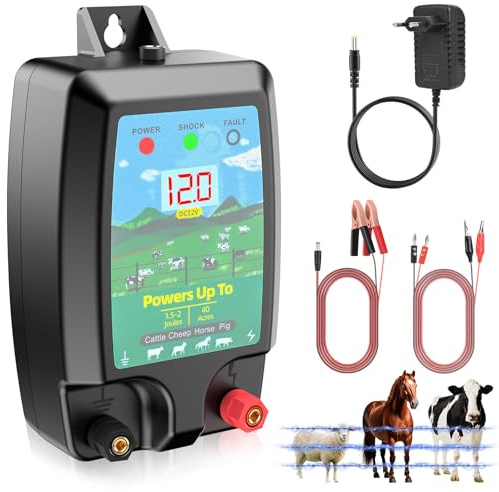 Elektrozaungerät 12KV, Weidezaungerät mit LCD-Anzeige, Elektrischer Schäferhund, 10 KM Reichweite, 2 Joule Ausgang, Wasserdicht für Nutztiere, Haustiere, Gärten und Obstplantagen