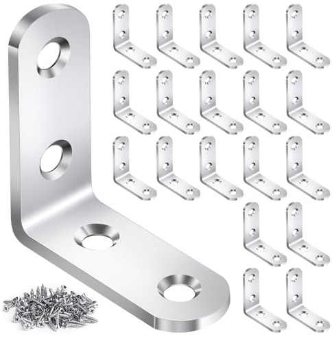 20PCS L Bracket Corner Brace, Stainless Steel L Brackets for Wood Shelves | 90 Degree Right Angle Bracket, Premium Metal Corner Brackets for Furniture Cabinet Drawer Chair, 80PCS Screws, 1.57x1.57 in