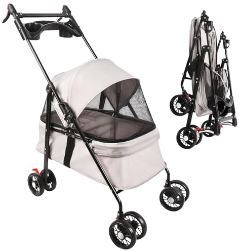 Homewell Carrito plegable para mascotas con soporte para bebidas, carrito para perros y gatos, ligero y cómodo, con cinturón de seguridad, transpirable, espacio de almacenamiento, hasta 20 kg (blanco)