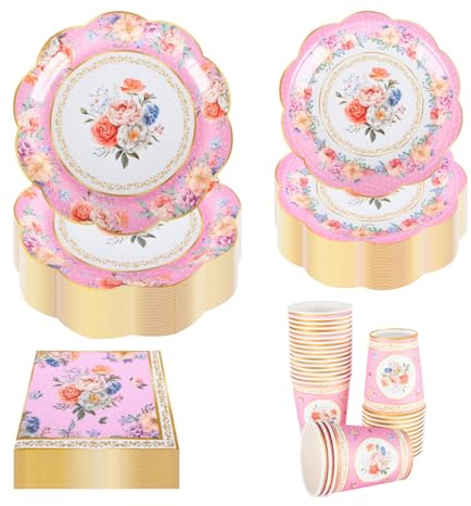 PHUNAT Vintage Party Tableware Set for 30 Guests - Pink Floral Paper Plates Napkins & Teacups - Classic British Style Paper Tableware for Garden Afternoon Tea Party, Baby Shower, Birthday, Wedding