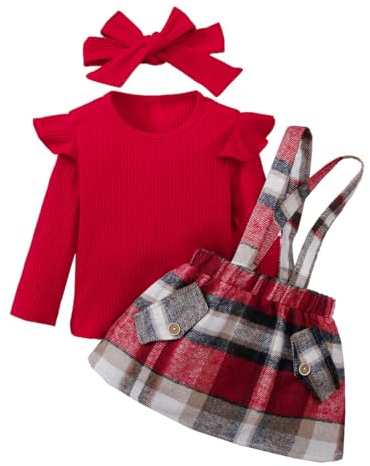 LUVCES Ensemble Jupes Bébé Fille Manche Longue à Volants Côtelé Haut + Carreaux Jupe à Bretelles Salopette Robe Vêtements d'automne Hiver 3Pcs Rouge 2-3 Ans