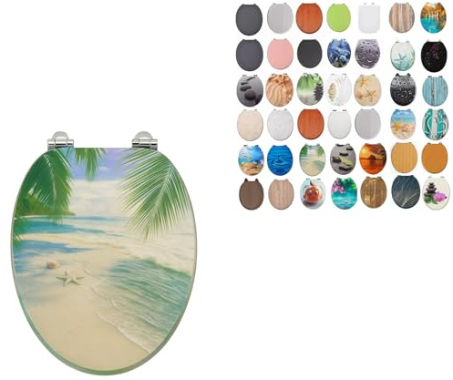 18 MDF Toilet Seat Universal Adjustable Fit Most Toilets Oval Seat┃Bathroom Standard Wooden MDF Toilet Seat | WC SEAT +Fittings (Tropical Beach)