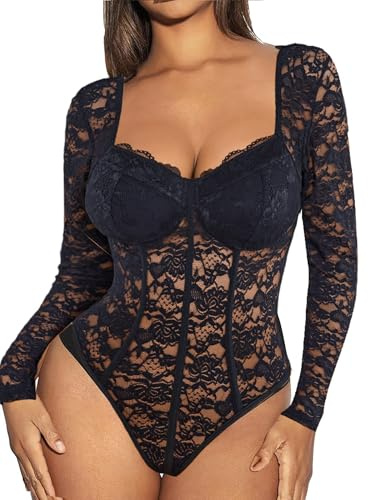 Avidlove Black Lace Bodysuit Long Sleeve Body Suits Womens Lace Body Suit with Snap Crotch Black Tops for Women Going Out Black XL