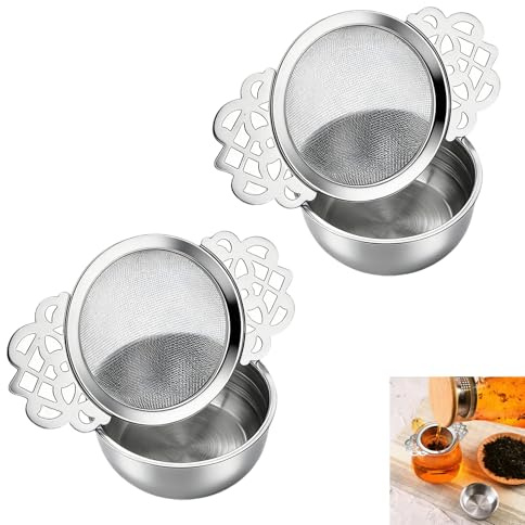 2 Piezas Coladores de Té Pequeños, Infusores de Té Sueltos con Malla Fina para Té, Acero Inoxidable con Cuenco, Filtro de 6,4 cm con Tazón, Perfecto para Té Suelto, Café, Jugo, y Especias (Plata)