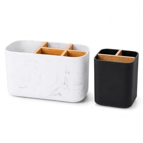 1 Pcs Toothbrush Holder for Bathroom, 3 or 5 Compartment Countertop Organiser with Bamboo Divider, Marble White or Black, Random Style