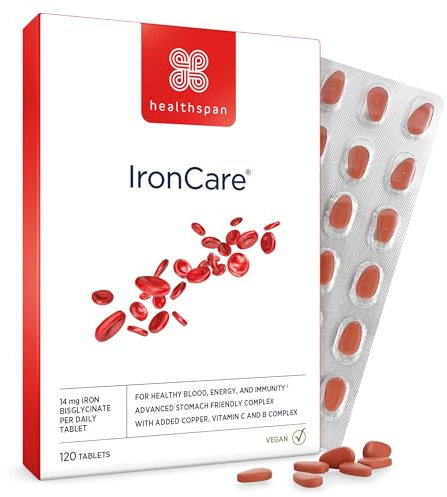 Healthspan IronCare (120 Tablets) | Added Vitamin C & B2, B6 & B12 | Stomach Friendly | Combats Tiredness & Fatigue | Supports Red Blood Cell Formation | Easy-Swallow | Vegan