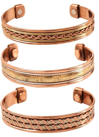 Touchstone Bracciale magnetico Rame stile tibetano. Forgiato a mano con rame puro massiccio e di alto calibro. Set di 3 diversi design in 3 metalli.