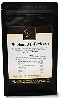 Eis Bindemittel für cremiges Speiseeis – Ohne Zusatzstoffe oder Chemie │ Vegan & glutenfrei │ Mit Guarkernmehl & Johannisbrotkernmehl │ 200 g für bis zu 20 L Eis │Bindemittel Perfecto