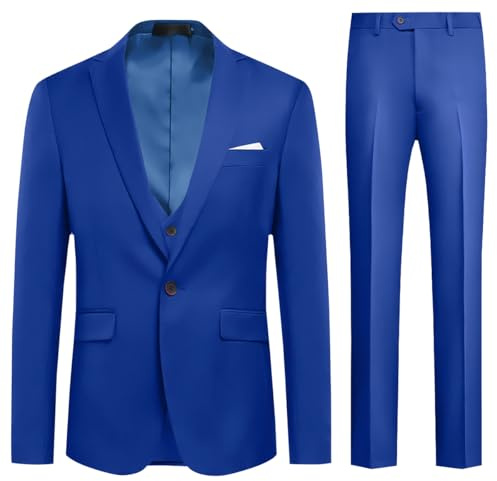 Allthemen Costume Homme 3 Pcs Costard Slim Fit Blazer et Pantalon Gilet Mariage Party Smoking Bleu 3 L