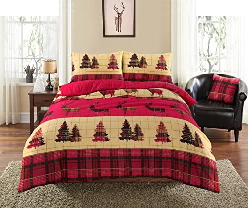 100% Natural Brushed Cotton Stag Duvet Cover Super King Size, Animal Print Flannelette Duvet Cover Set with 2 Pillow Cases Soft Thermal Warm XMAS Festive Quilt Covers Bedding Sets (Red)
