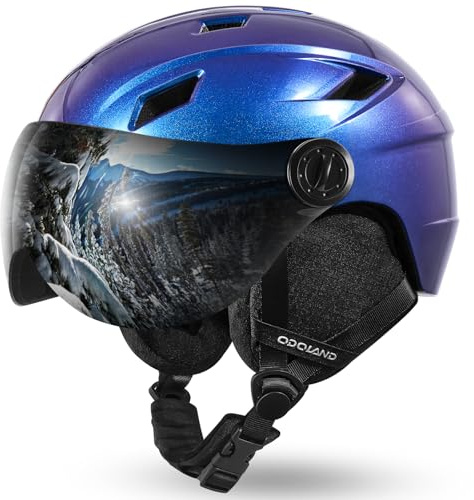 Odoland Casco da Sci con Visiera a Lente, Leggero e con Ventilazione Regolabile Casco da Neve Avanzato da Competizione con Caldi Paraorecchie Soffici per Uomini Donne Adulti e Giovani Blu Flash M