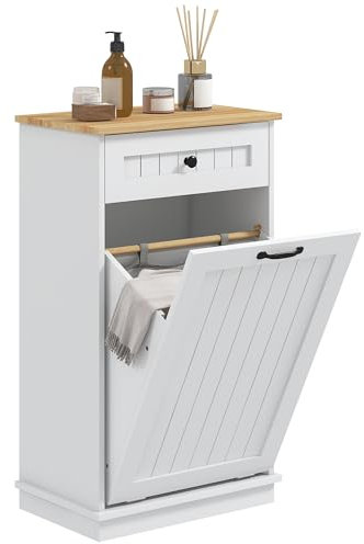 HOMCOM Mueble Auxiliar de Baño Cesto para Ropa Sucia Armario de Baño con Cajón y Diseño Anti-vuelco Mueble de Baño Moderno 52x33x90 cm Blanco