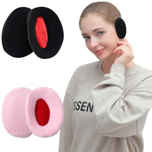 BDSHUNBF 2 Pares Orejeras Sin Banda, Orejeras de Invierno Unisexo, Calentadores De Orejas Sin Banda, Orejeras Para Exteriores Para Hombres Y Mujeres, Orejeras Sin Diadema (negro+rosa, M)