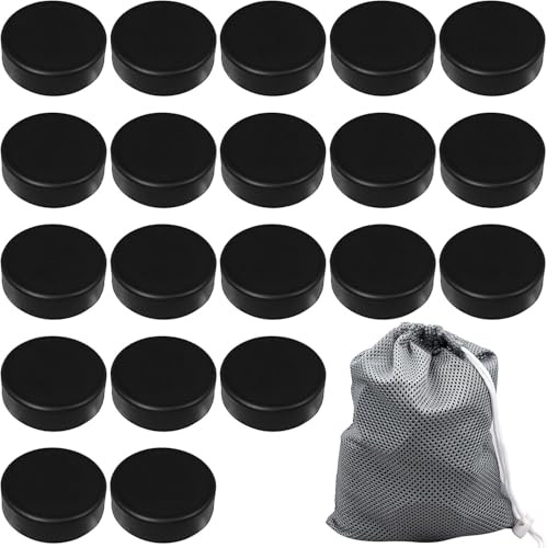 TESIN Lot de 20 palets de hockey sur glace avec sac en maille réutilisable, palets de hockey en mousse de polyuréthane souple pour la pratique et l'entraînement classique, diamètre 7,6 cm, épaisseur
