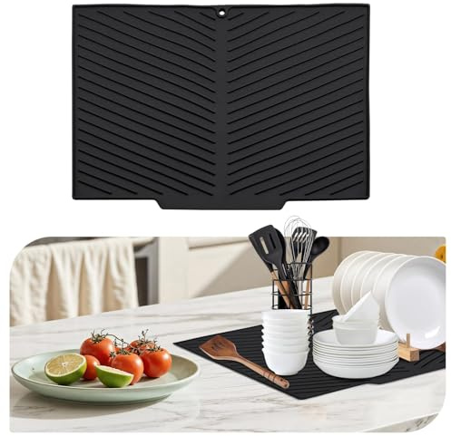 Griwuut Tapis Égouttoir en Silicone 43,5 X 33,5 Cm en Forme de V avec Design Antidérapant pour Comptoir de Cuisine