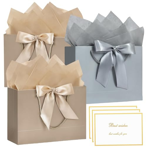 3Pcs Sacs Cadeaux Moyens pour Présent 20 x 10 x 28 cm, Sac Cadeau Mixte Moyen avec Poignée, 6 Feuilles de Papier de Soie et 3 Cartes, Ruban Noeud Sacs de Fête Anniversaire pour Demoiselle