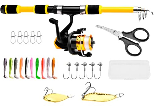 Juego de pesca infantil - caña de pescar telescópica con carrete, accesorios de pesca para agua salada y agua dulce, cerca de la orilla, barco kayak