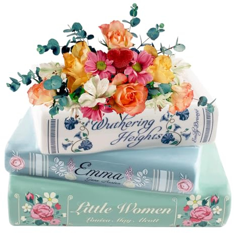 XPJBKC Book Vase, Ceramic Book Vase for Flowers, Small Book-Shaped Decorative Planter, Cute Stacking Bookshelf Vases Home Bedroom Office Decor, Unique Planters Classic Titles Bookstack
