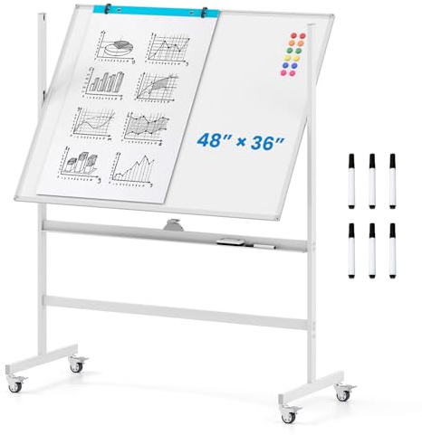 Toolsempire Rolling Whiteboard on Wheels, 48 x 36 Double Sided Whiteboard with Flipchart, 6 Makers & 12 Magnets, Height-Adjustable Portable Magnetic Dry Erase Board for Classroom & Office (White)