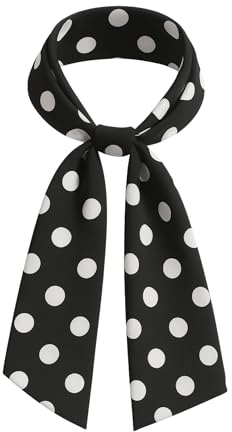 FUN FABLES 50s Retro Polka Dot Scarf – Vintage Rockabilly Neck & Head Tie for Women – Polycotton Pin Up Hair Wrap, Neck Bow & Fancy Dress Accessory (Black White Polka Dot Scarf)