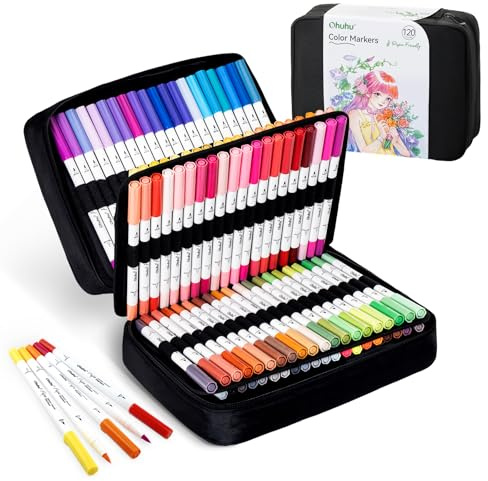 Ohuhu 120 Colori Pennarelli a Base d'Acqua - Inchiostro Amico della Carta, Brush Pen Doppia Punta (Pennello + Fineliner) - Marker Pennarelli Per Adulti, Calligrafia e Disegno, Serie Pupe