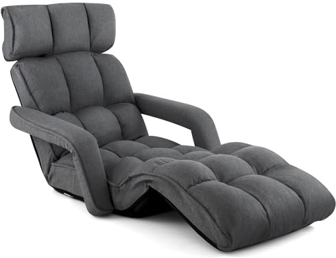 COSTWAY Sillón Plegable, Sofá Tumbona de Interior con 6 Posiciones Ajustables, Sillón Cama Plegable con Reposabrazos, Respaldo y Reposapiés Ajustables, para Salón, Dormitorio, Oficina (Gris Oscuro)