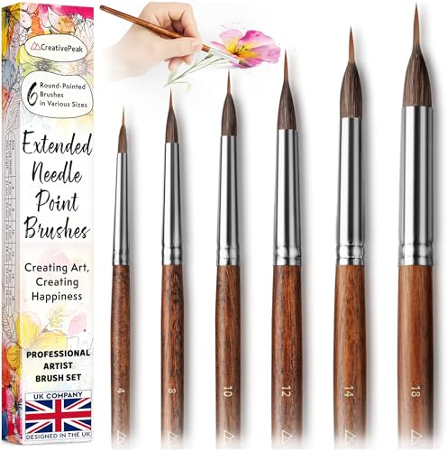 Extended Needle Point Brushes - Set of 6 - Professional Watercolour Brush Set - Fine Tip Bristles for Painting Art, Detailing Porcelain, Precision Calligraphy - Quality Artist Supplies by CreativePeak