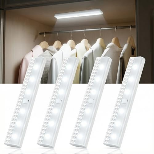 Rinfency Illuminazione per armadio senza fili con sensore, luce bianca fredda, con sensore di movimento, illuminazione a LED con sensore di movimento interno, 4 pezzi