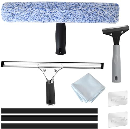 Lavavetri Professionale Kit, Multiuso Kit Finestre con Tergivetro in Silicone e Lavavetri in Microfibra per Vetri,Finestre,Specchi,Auto,Bagno,Doccia