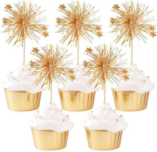 VOOSFSIE 40Pcs Foil Firework Cupcake Toppers Happy Birthday Cupcake Toppers Gold Sparkle Tinsel Flower Drink Stirrers Cocktail Food Fruit Toothpicks for Valentine's Day Party Supplies