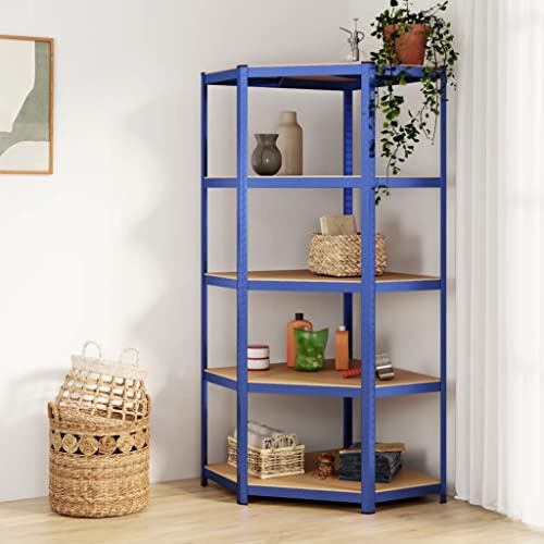 IBUQDDV Étagère d'angle avec 5 étagères en acier bleu et bois - Cadre en acier pour une grande capacité de charge et un rangement flexible - Étagère industrielle avec étagères réglables en hauteur