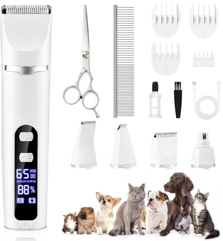 Focenat 4 en 1 Maquina Cortar Pelo Perros,Cortapelos Perros,Maquina de Cortar pelo Perro,Cortadora pelo perro,con 4 cabezales de corte multifuncionales,Pantalla LCD,para Perros Gatos