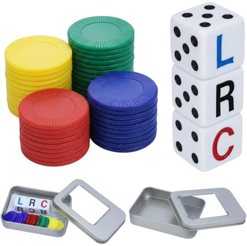 Left Right Centre Dice Game, Fun Dice Games with 3 Dices + 40 Chips 4 Color Interactive Dice Toy Portable Round Corner Strike Dices Game for School Family Friends Gatherings Party with Storage box