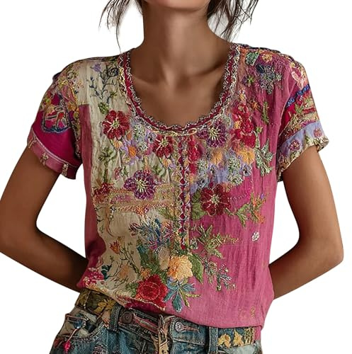 Camisa Mujer de Lino y Algodón con Bordado Étnico, Blusa de Lino para Mujer, Blusas De Mujer Elegantes Camiseta Detalles étnicos en Mangas y Cuello, Look Retro Moderno