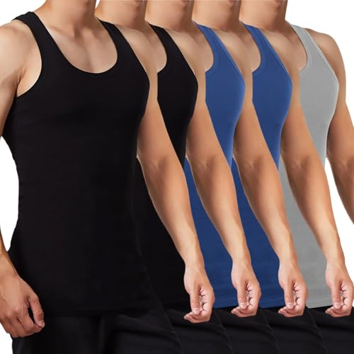 FALARY Mens Vest Tops Pack of 5 Tank Tops Fitted 100% Cotton Basic Plain Color Underwear and Colours Black Navy Grey L