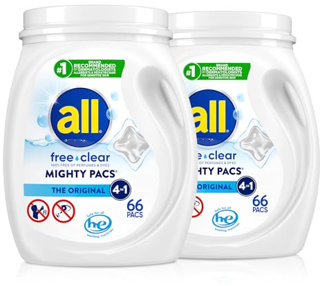 All All Mighty Pacs tvättmedel, fritt klart för känslig hud, 66 Count, 2 badkar, 132 totala belastningar, 66 antal
