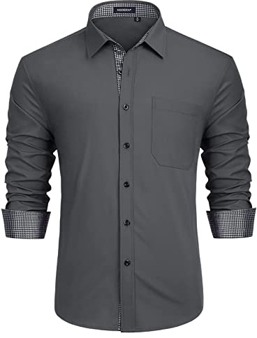 HISDERN Gris Chemise Homme Manches Longues Business Regular Fit habillées boutonnées Longues avec Poche Coton Hommes Chemise