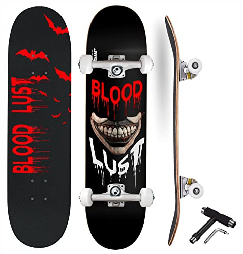 Jaspo Blood Lust (31” x 8” inches) Complete - Maple Wood - 7 Layers- Double Kick- Fully Assembled Skateboard with T- Tool for Kids/Youth/Boys and Girls – Made in India