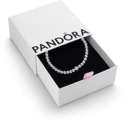 PANDORA Signature Women's Sterling Silver Beads and Pavé Cubic Zirconia Bracelet, Size 21, With Gift Box