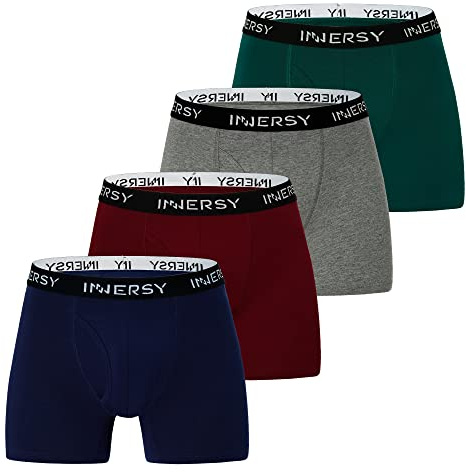 INNERSY Boxer Briefs Mens Underwear Trunks with Fly Cotton Underpants Fitted Hipster 4 Pack (M, Navy Blue/Grey/Dark Red/Green)
